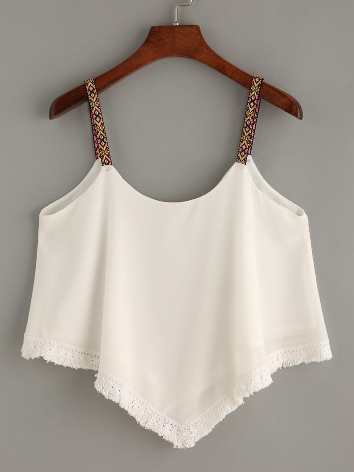 Romwe Tassel Trimmed Spaghetti Strap Beige Crop Top