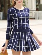 Romwe Long Sleeve Plaid Top With Knit A-line Navy Skirt