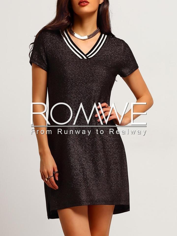 Romwe Black Gliter Shift Dress