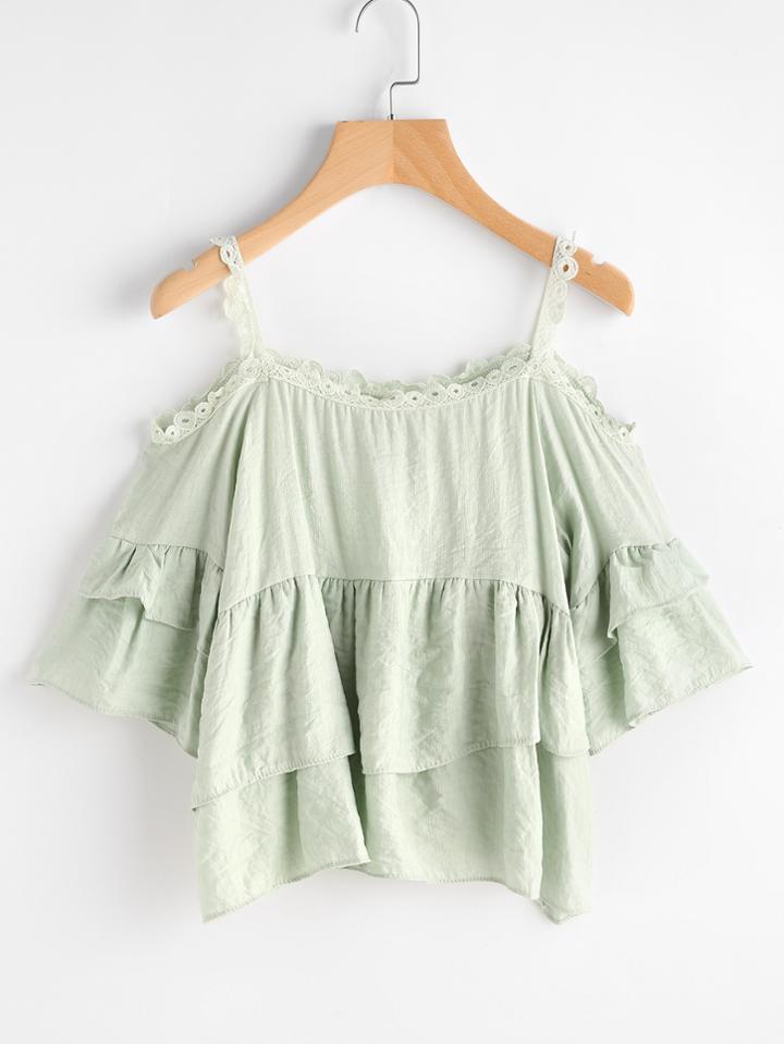 Romwe Open Shoulder Lace Trim Layered Blouse