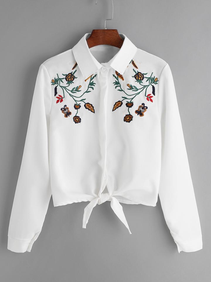 Romwe White Flower Embroidered Tie Front Shirt