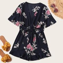 Romwe Floral Print Belted Ruffle Hem Surplice Romper