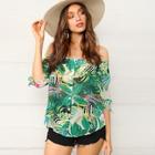 Romwe Knotted Sleeve Button Up Tropical Bardot Top