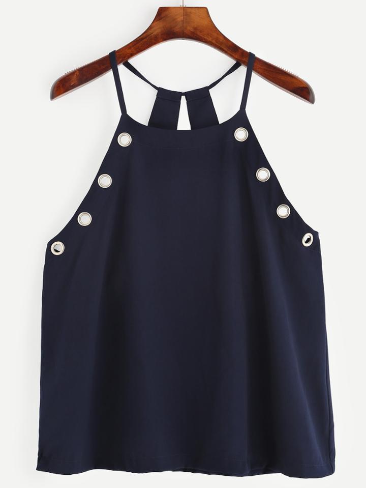 Romwe Navy Eyelet Cami Top