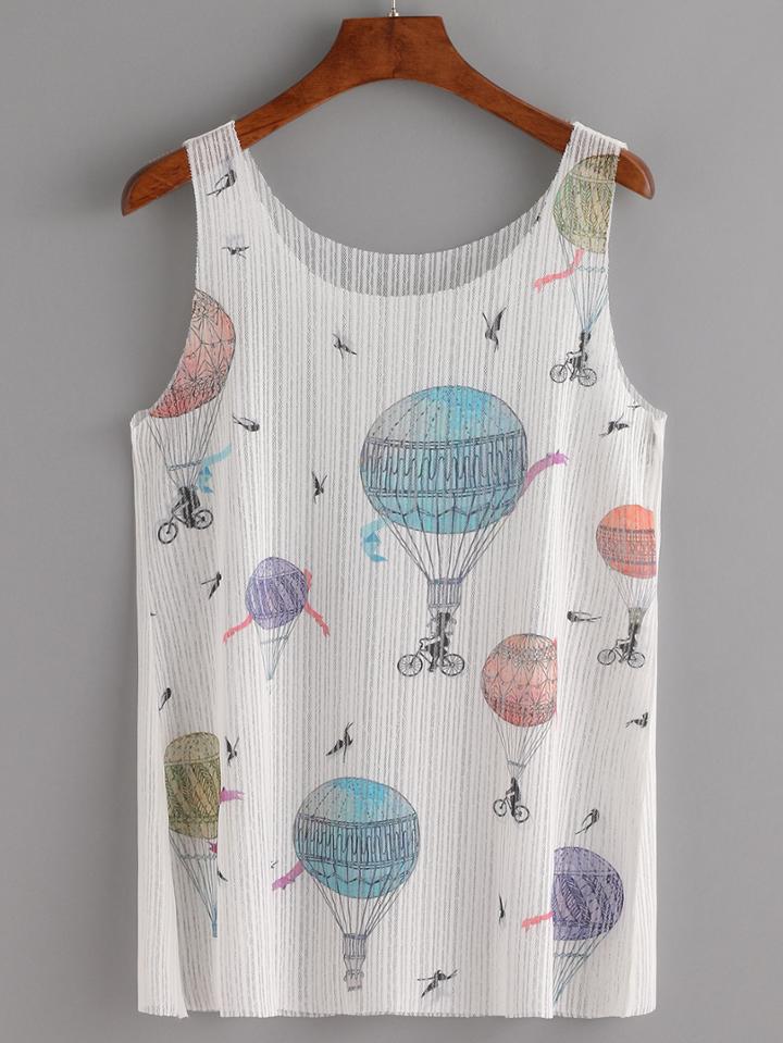 Romwe Hot Air Balloon Print Mesh Tank Top - White