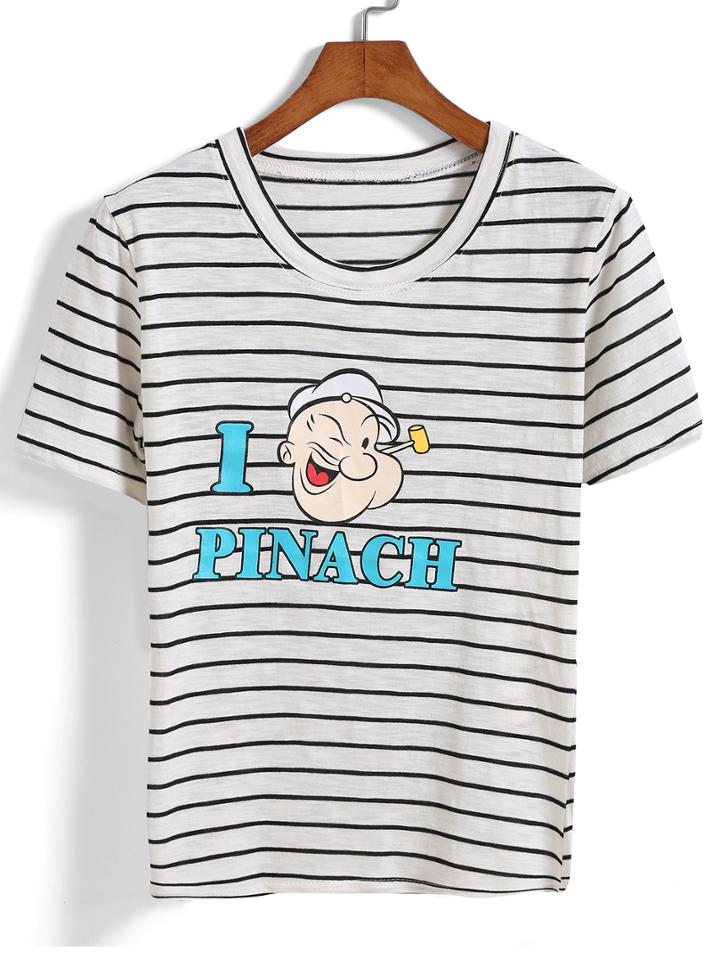 Romwe Striped Popeye Print T-shirt