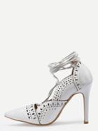 Romwe White Laser Cut Lace-up Pointed Toe Pumps