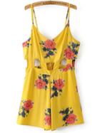 Romwe Yellow Flower Print Cut Out Romper With Zipper