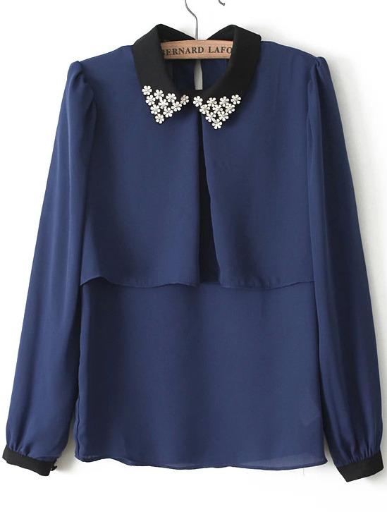 Romwe Contrast Collar Bead Loose Navy Blouse