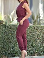 Romwe Red V Neck Drawstring Beam Port Jumpsuit