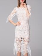 Romwe White Round Neck Length Sleeve Crochet Hollow Lace Dress