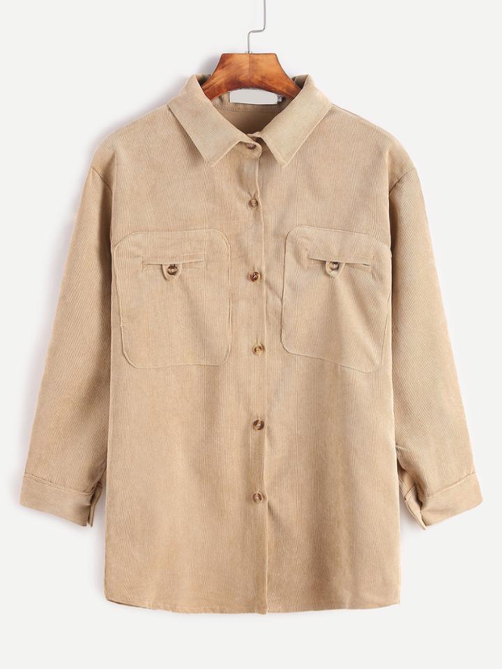 Romwe Light Khaki Corduroy Button Pocket Shirt