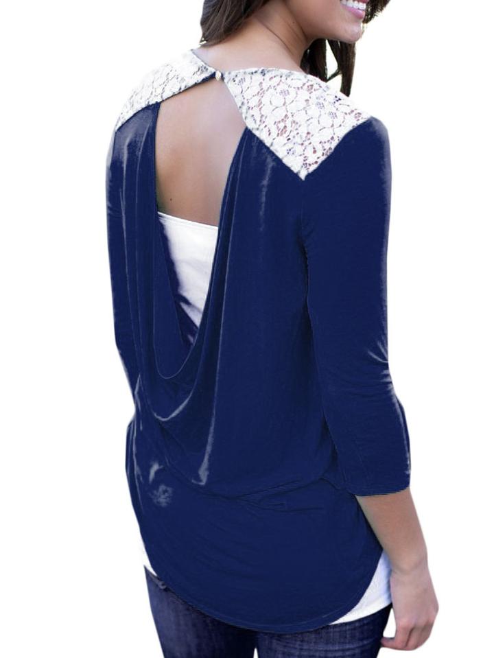 Romwe Open Back Contrast Lace T-shirt