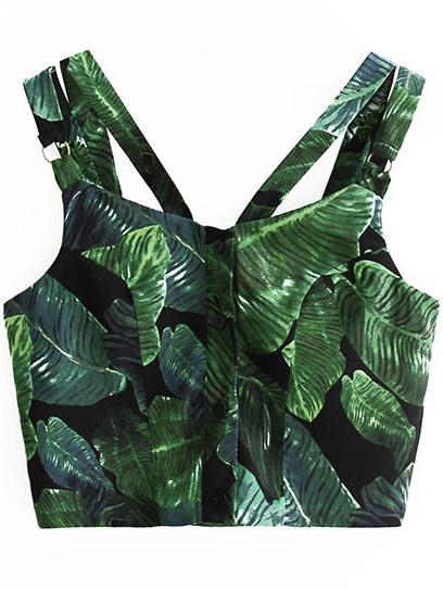 Romwe Green Printed Button Front Crop Top