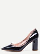 Romwe Black Pointed Toe Studded Trim Chunky Pumps