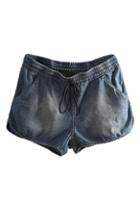 Romwe Romwe Washed Drawstring Elastic Dark-blue Denim Shorts