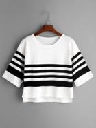 Romwe White Striped Slit Side High Low Knit T-shirt