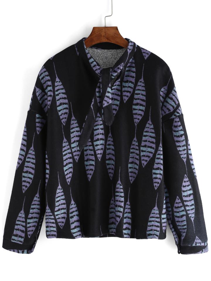 Romwe Tie Neck Leaves Print Sweatshirt