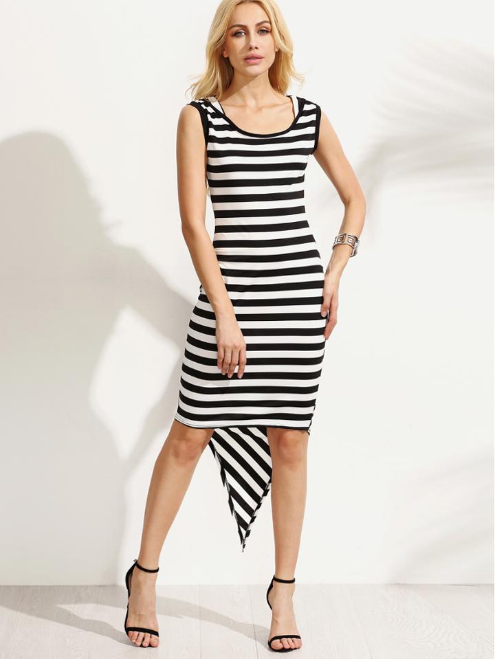Romwe Black White Mixed Stripe Asymmetric Dress