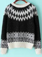Romwe Zigzag Print Crop Knit Black Sweater