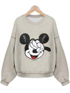 Romwe Mickey Print Loose Grey Sweatshirt