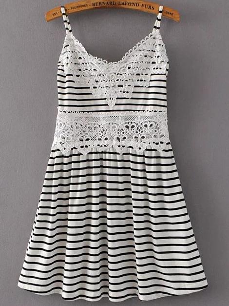 Romwe Black And White Striped Crochet Trim Cami Dress