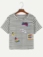 Romwe Black White Striped Embroidered Patch T-shirt