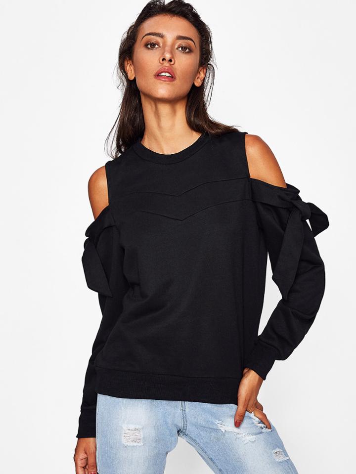 Romwe Open Shoulder Bow Tie Detail Sweatshirt
