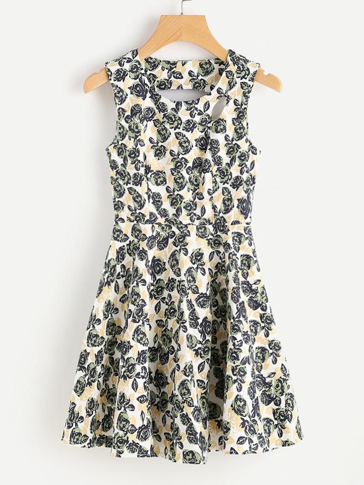 Romwe Ditsy Print Keyhole Cut Skater Dress