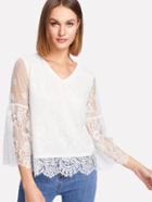 Romwe Lace V Neckline Fluted Sleeve Top