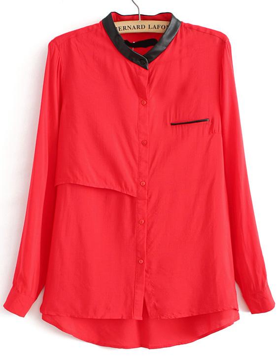 Romwe Contrast Collar Dip Hem Red Blouse