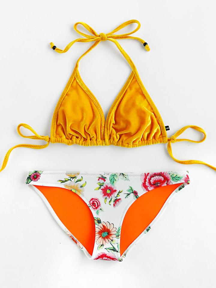 Romwe Calico Print Mix & Match Velvet Bikini Set