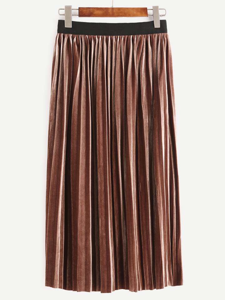 Romwe Khaki Contrast Trim Pleated Velvet Skirt