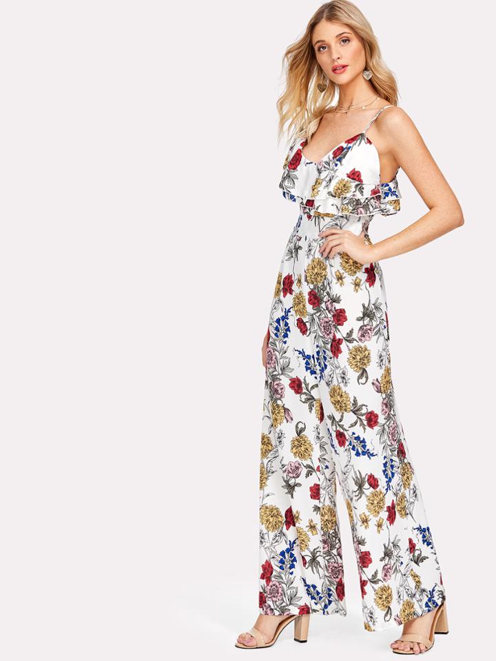 Romwe Asymmetrical Ruffle Shoulder Floral Jumpsuit