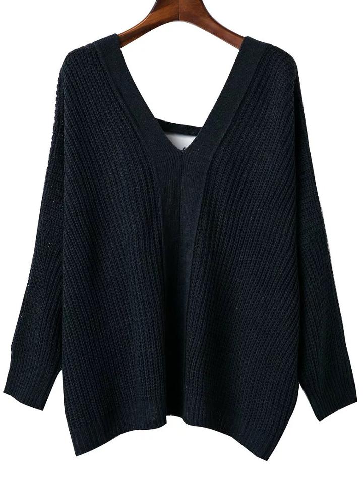 Romwe Navy V Neck Lace Up Back Drop Shoulder Sweater