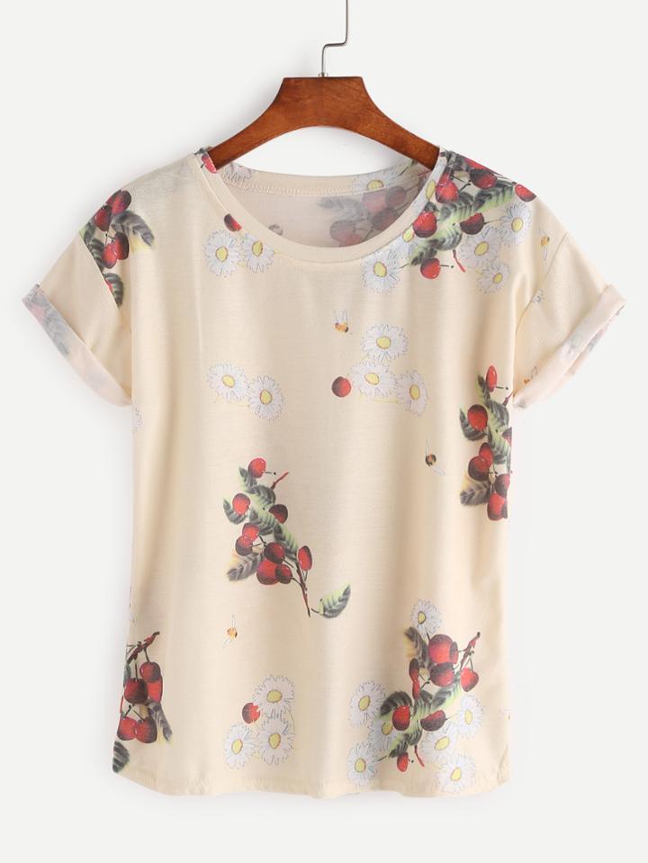 Romwe Flower Print Cuffed T-shirt