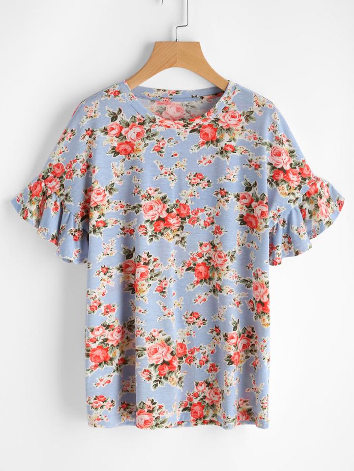 Romwe Frill Sleeve Ditsy Tee