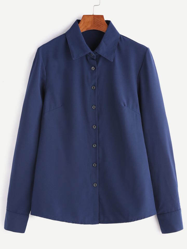 Romwe Navy Basic Long Sleeve Button Shirt