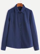 Romwe Navy Basic Long Sleeve Button Shirt