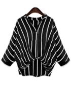 Romwe Vertical Striped Draped Front Blouse - Black