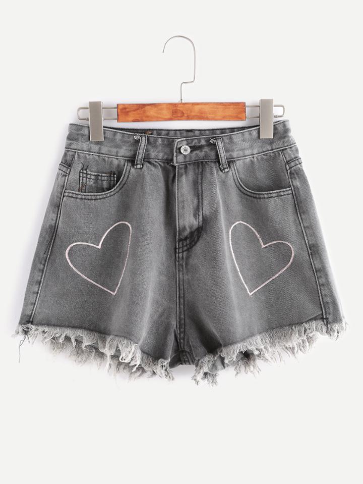 Romwe Grey Heart Embroidery Fringe Hem Denim Shorts
