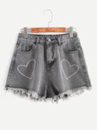 Romwe Grey Heart Embroidery Fringe Hem Denim Shorts