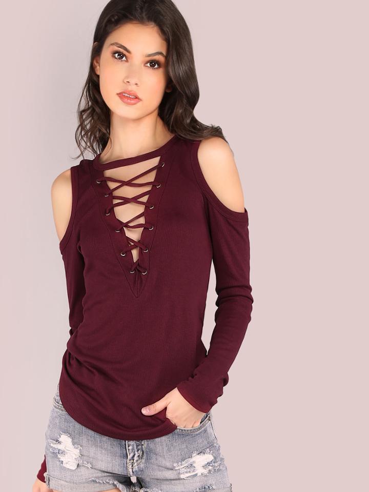 Romwe Long Sleeve Cold Shoulder Rib Knit Lace Up Top Burgundy