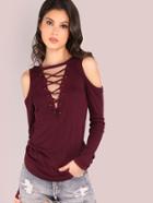 Romwe Long Sleeve Cold Shoulder Rib Knit Lace Up Top Burgundy