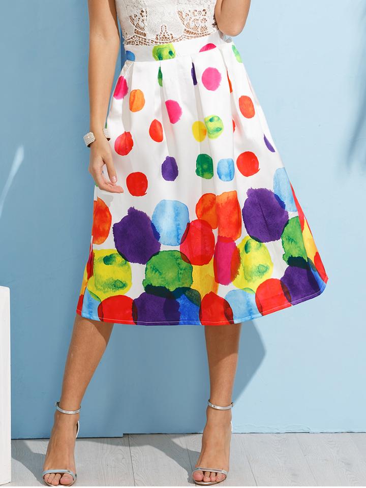 Romwe White Paint Circle Print Box Pleated Skirt