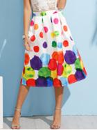 Romwe White Paint Circle Print Box Pleated Skirt