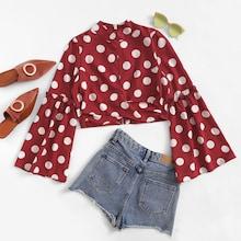 Romwe Bell Sleeve Dot Print Crop Blouse