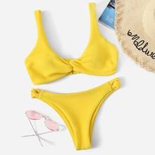 Romwe Twist Plunge Top With Loop Side Bikini