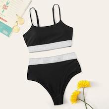 Romwe Contrast Trim High Waist Bikini Set