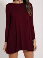 Romwe Long Sleeve Shift Burgundy Dress